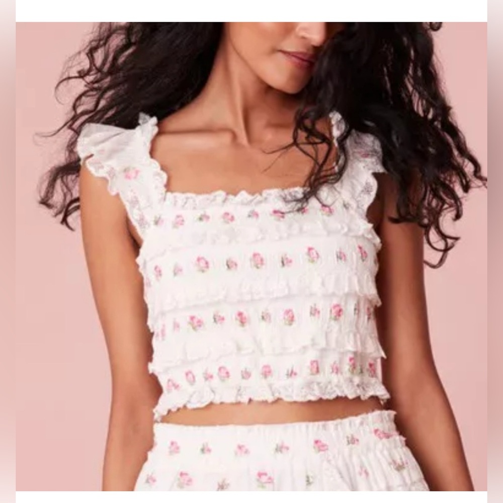 LoveShackFancy White Floral Embroidered Ruffle Crop Tank - Cordula Top XS
